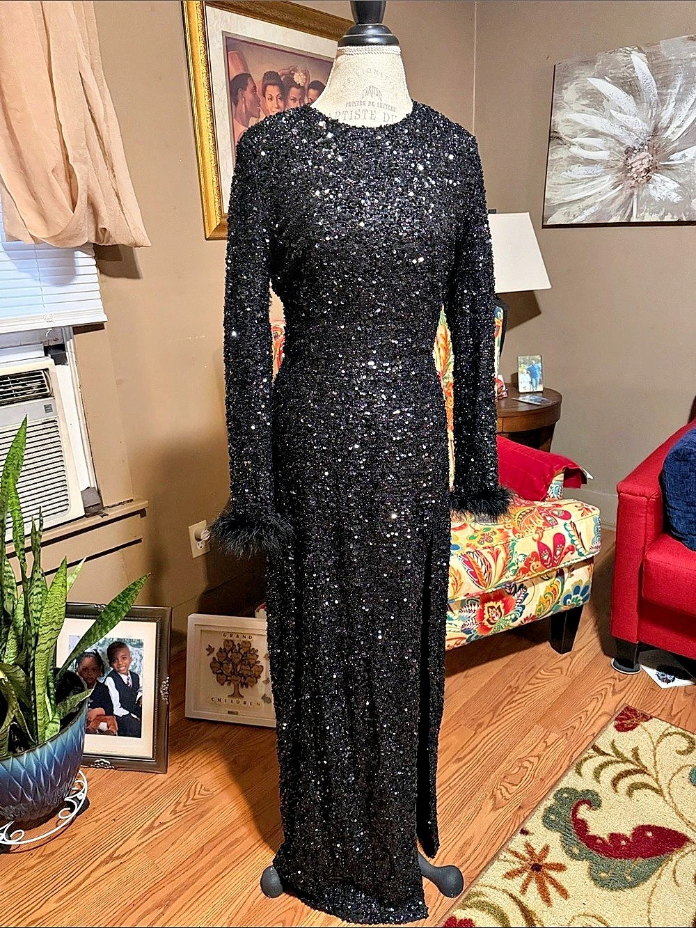 Black Sequin Feather Cuff Maxi Dress Like New size L